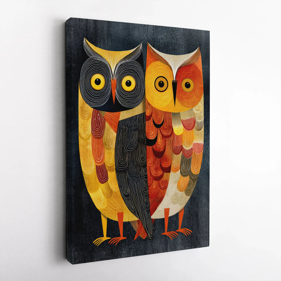 Modern Owl Couple Canvas Wall Art | Mid Century Abstract Bird Design | Premium Gallery Wrapped Print | Unique Nature Lover Home Decor Gift