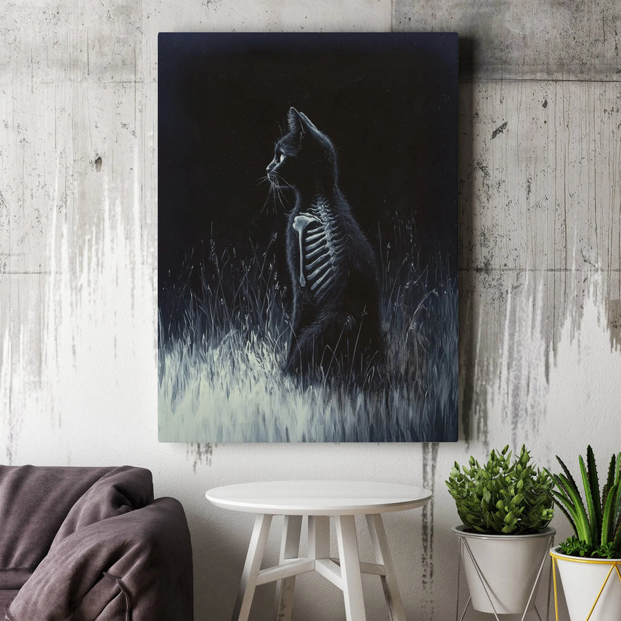 Gothic Black Cat Wall Art | Skeletal Anatomy Illustration | Premium Gallery Canvas | Spooky Home Decor Gift for Cat Lovers