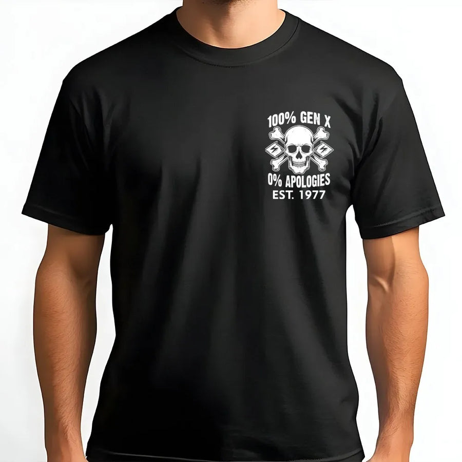 100% Gen X T-Shirt | 0% Apologies Skull Design | Premium Cotton Graphic Tee | Retro 1977 Birthday Gift For Men And Women