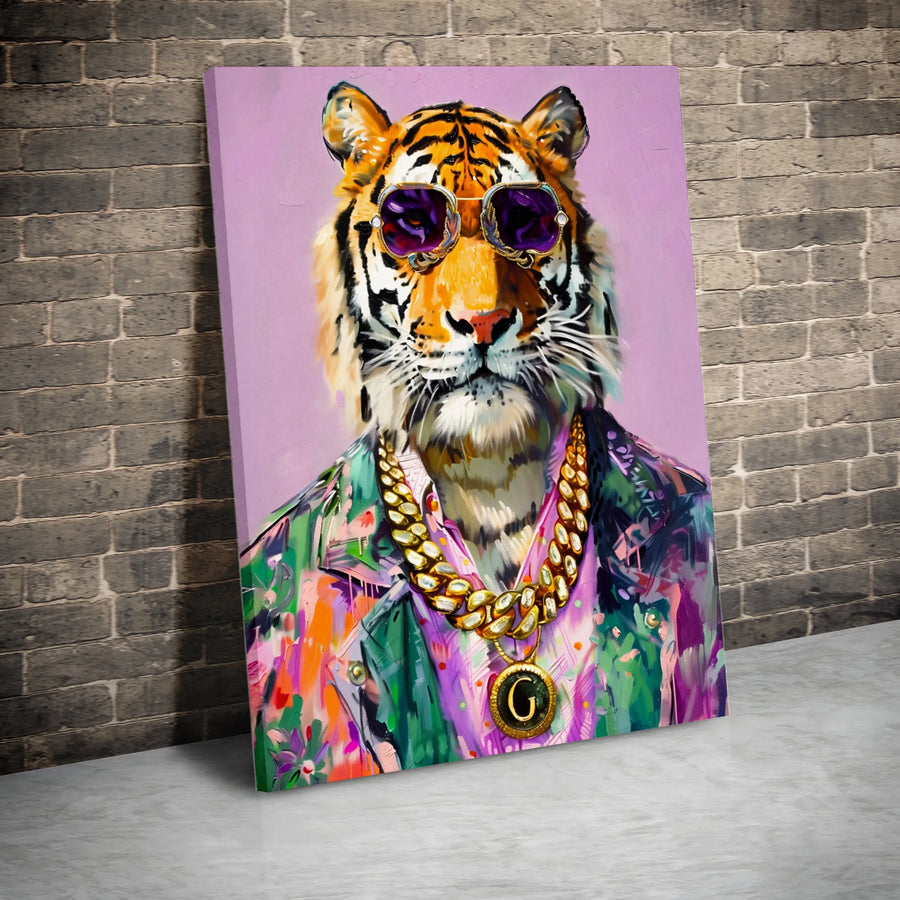 Cool Tiger Wall Art | Hip Hop Style Animal Portrait with Gold Chain | Premium Fade-Resistant Canvas | Bold Modern Home Decor for Living Room