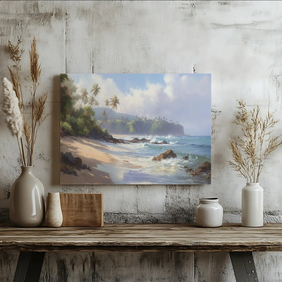 Tropical Beach Canvas Wall Art | Serene Ocean Landscape Painting | Premium Gallery Wrapped Canvas | Beach House Living Room Decor Gift