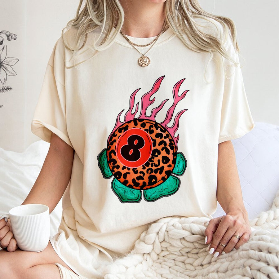 8 Ball T-Shirt | Leopard Print Flame Graphic Tee | Premium 100% Cotton Shirt | Retro Billiards Player Gift For Men And Women