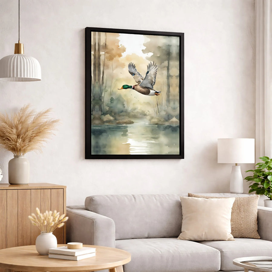 Mallard Duck Canvas Wall Art | Watercolor Misty Forest Landscape Print | Premium 1.25-Inch Gallery Wrap | Rustic Nature Home Decor Gift
