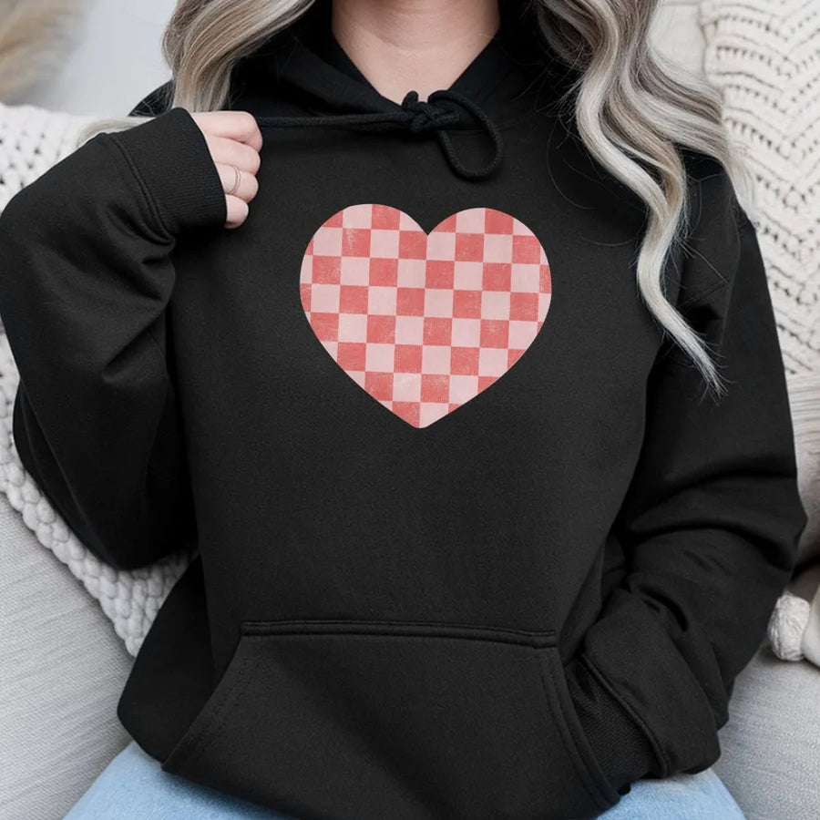Checkered Heart Hoodie | Retro Pink Checkerboard Graphic | Premium Cotton Blend | Valentine's Day Gift for Her