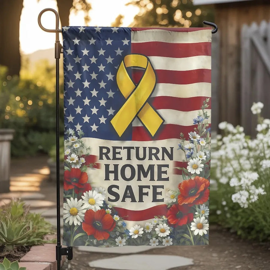 Return Home Safe Garden Flag | American Flag with Yellow Ribbon | Double Sided Weather-Resistant | Patriotic Gift for Military Family