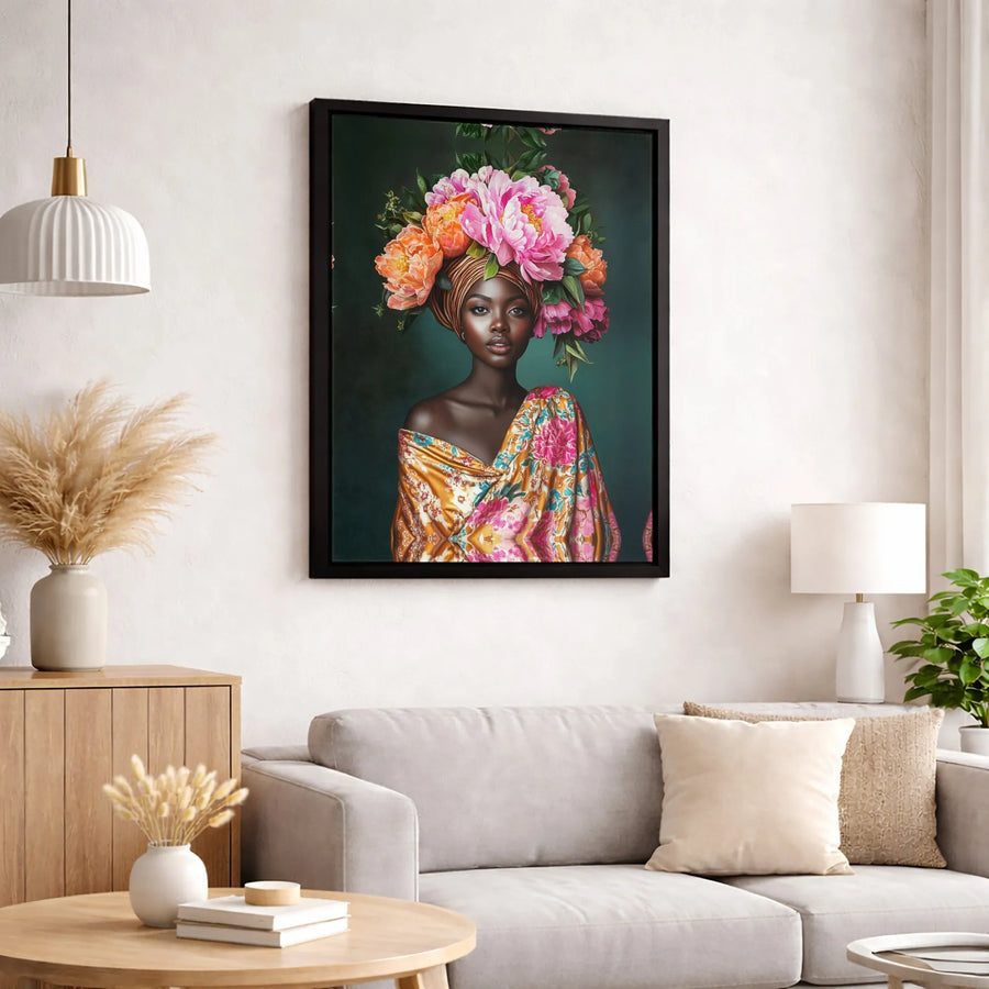 African Woman Portrait Wall Art | Floral Peony Head Wrap Canvas Print | Premium Gallery Wrapped Decor | Black Art Home Gift