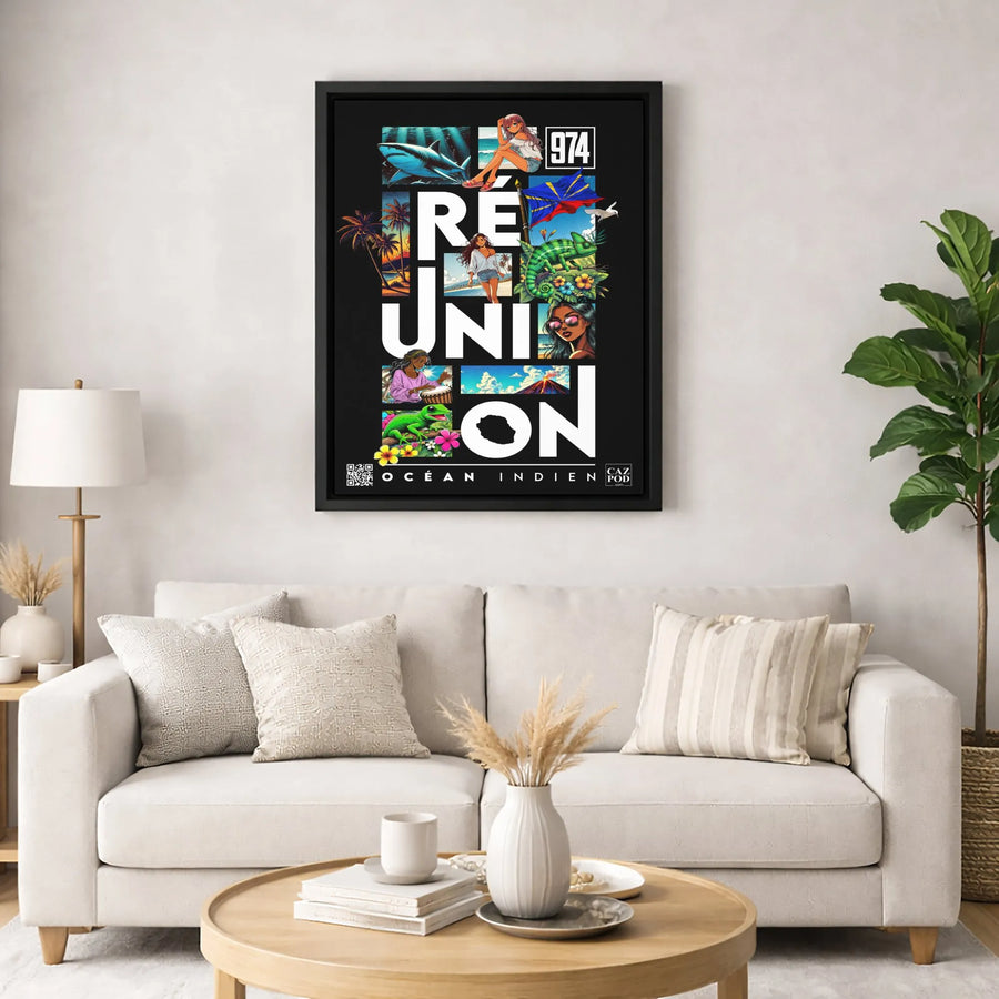 Réunion Island Wall Art | 974 Tropical Collage with Volcano and Chameleon | Premium Gallery Wrap Canvas | Travel Gift for Reunion Island Lovers