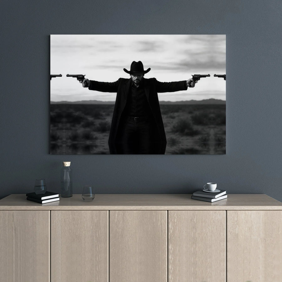 Western Cowboy Wall Art | Black and White Gunslinger Portrait | Premium Gallery-Wrapped Canvas | Masculine Office and Living Room Decor Gift