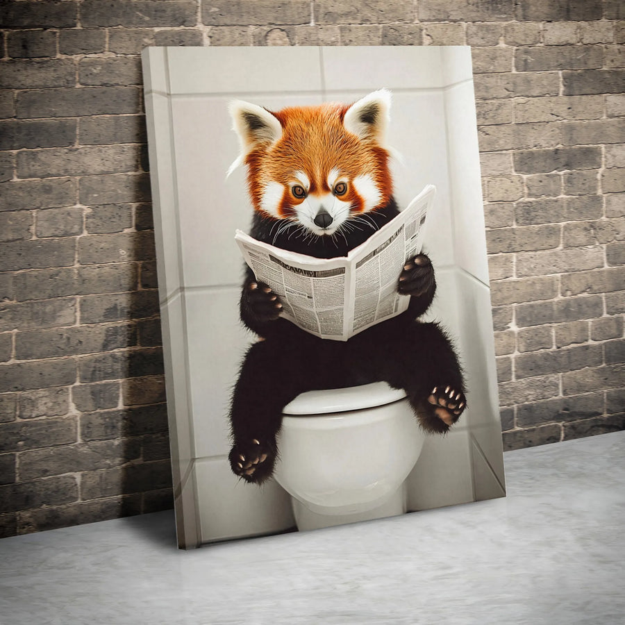 Funny Red Panda on Toilet Canvas Wall Art | Whimsical Animal Reading Newspaper | Premium 1.25" Gallery Wrap | Quirky Bathroom Decor & Housewarming Gift for Men