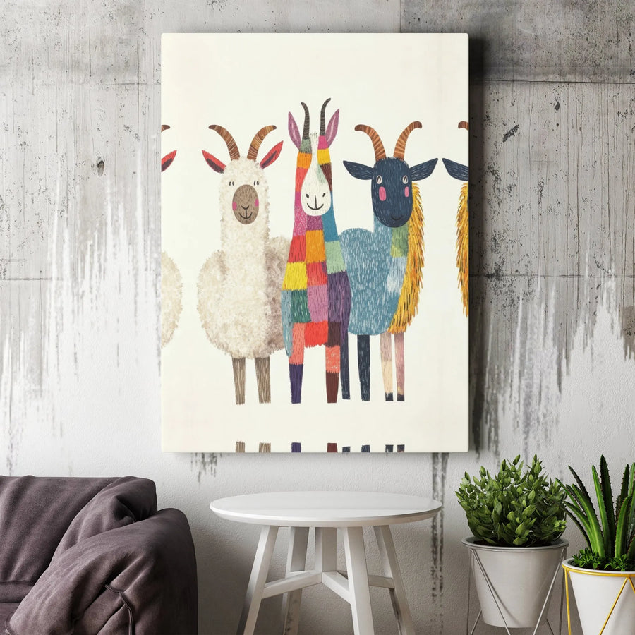 Llama And Goat Wall Art | Colorful Patchwork Whimsical Animal Illustration | Premium Gallery Wrap Canvas | Nursery Or Farmhouse Decor Gift