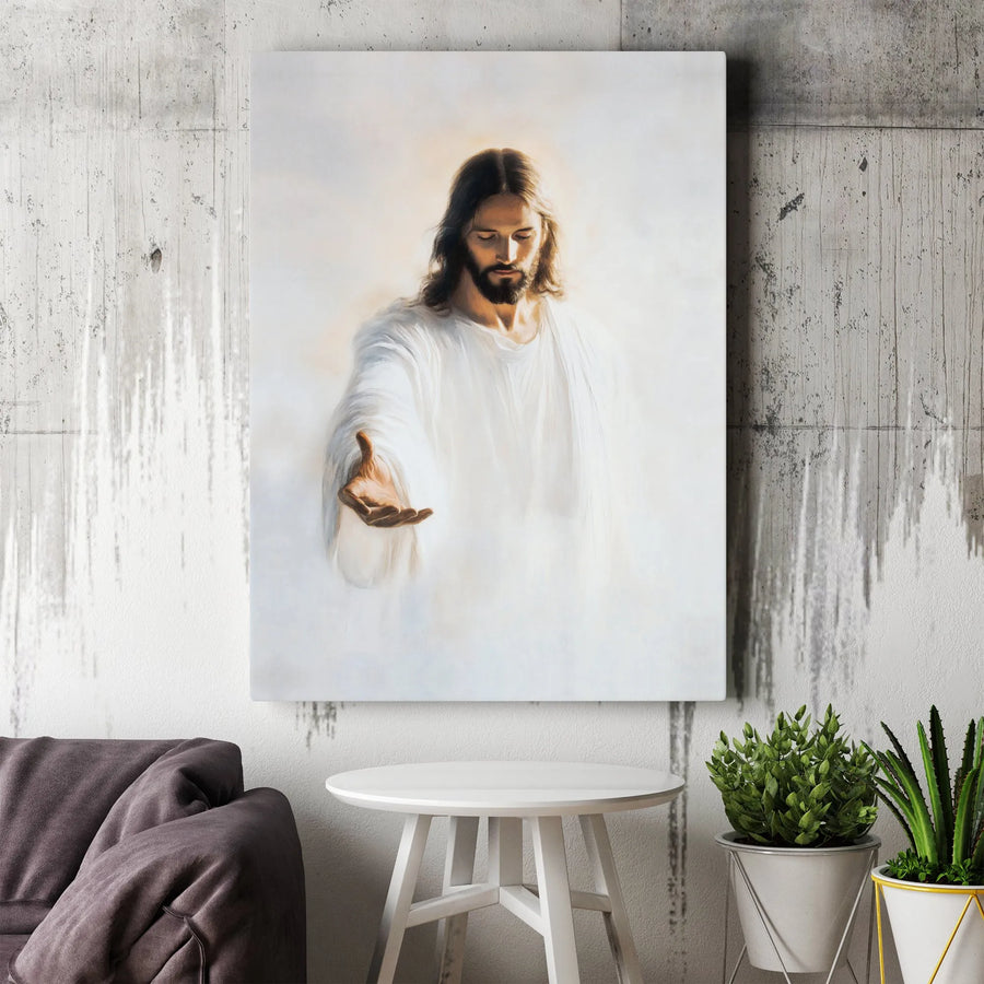 Jesus Christ Canvas Print | Hand Reaching Portrait | 1.25" Premium Gallery Wrapped | Religious Home Decor Wall Art Gift