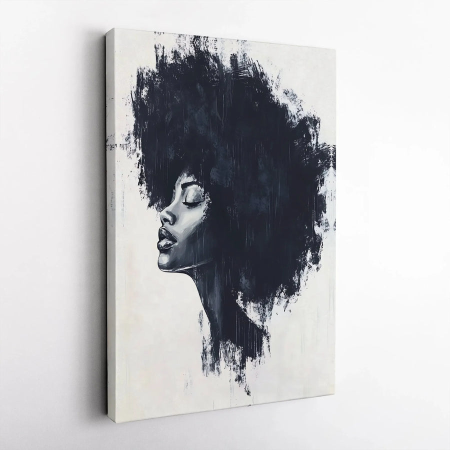 Abstract Black Woman Portrait Canvas | Afro Art Wall Decor | Premium 1.25-Inch Thick Gallery Print | Sophisticated Home Office Gift