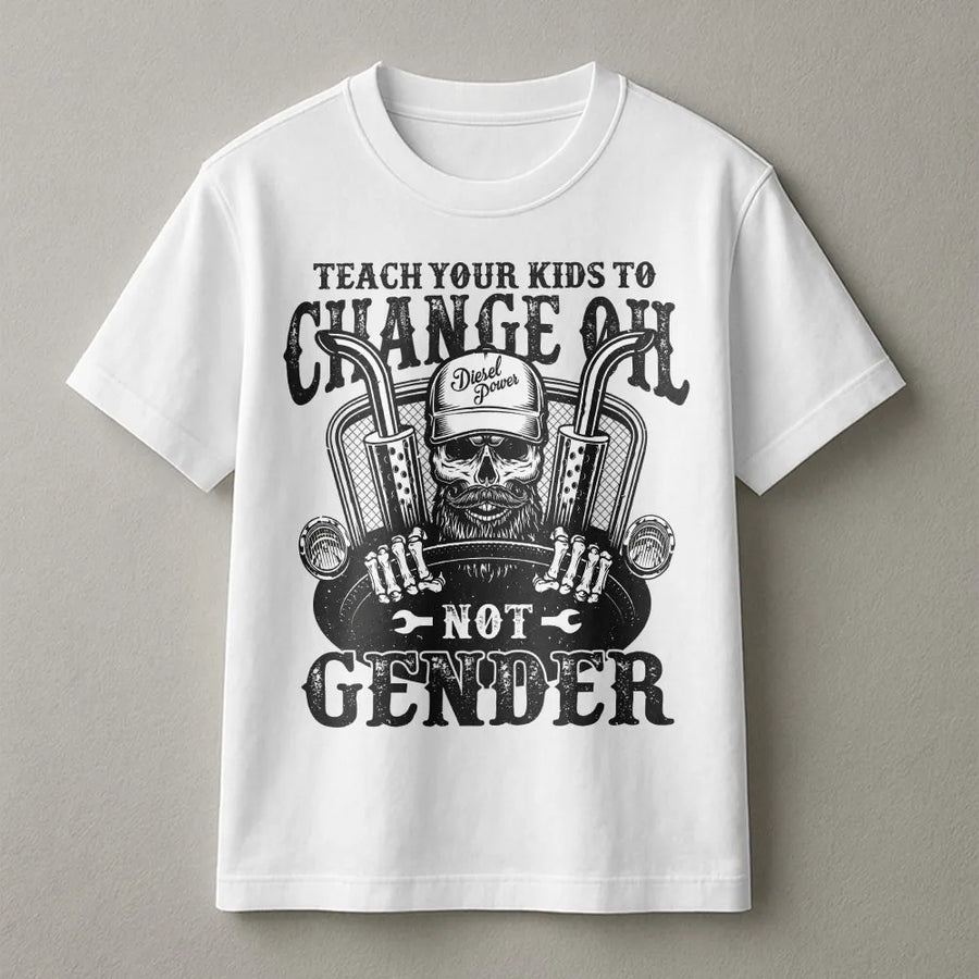 Change Oil Not Gender T-Shirt | Mechanic Skull Graphic Tee | Premium 100% Cotton | Funny Automotive Gift for Diesel Mechanics and Car Lovers