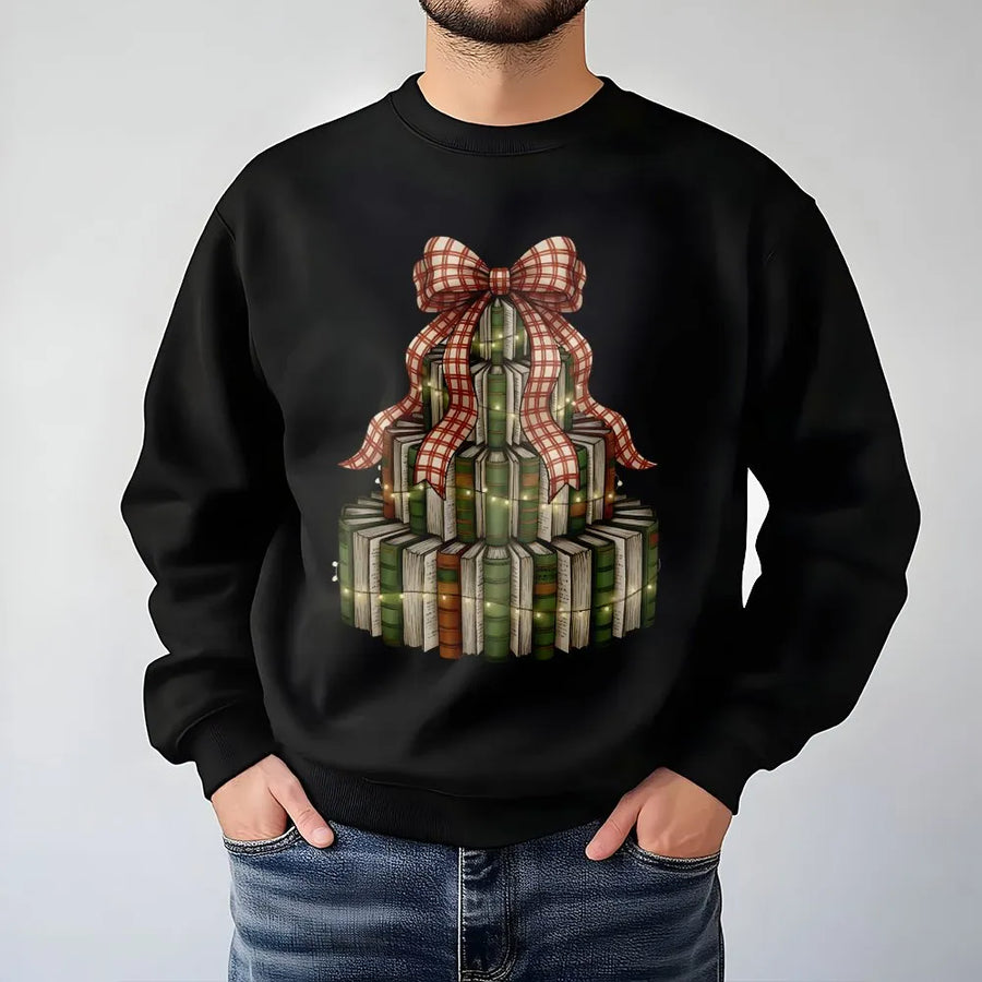 Christmas Book Tree Sweatshirt | Retro Librarian Holiday Graphic | Premium Cotton Blend | Gift For Book Lovers Readers Teacher