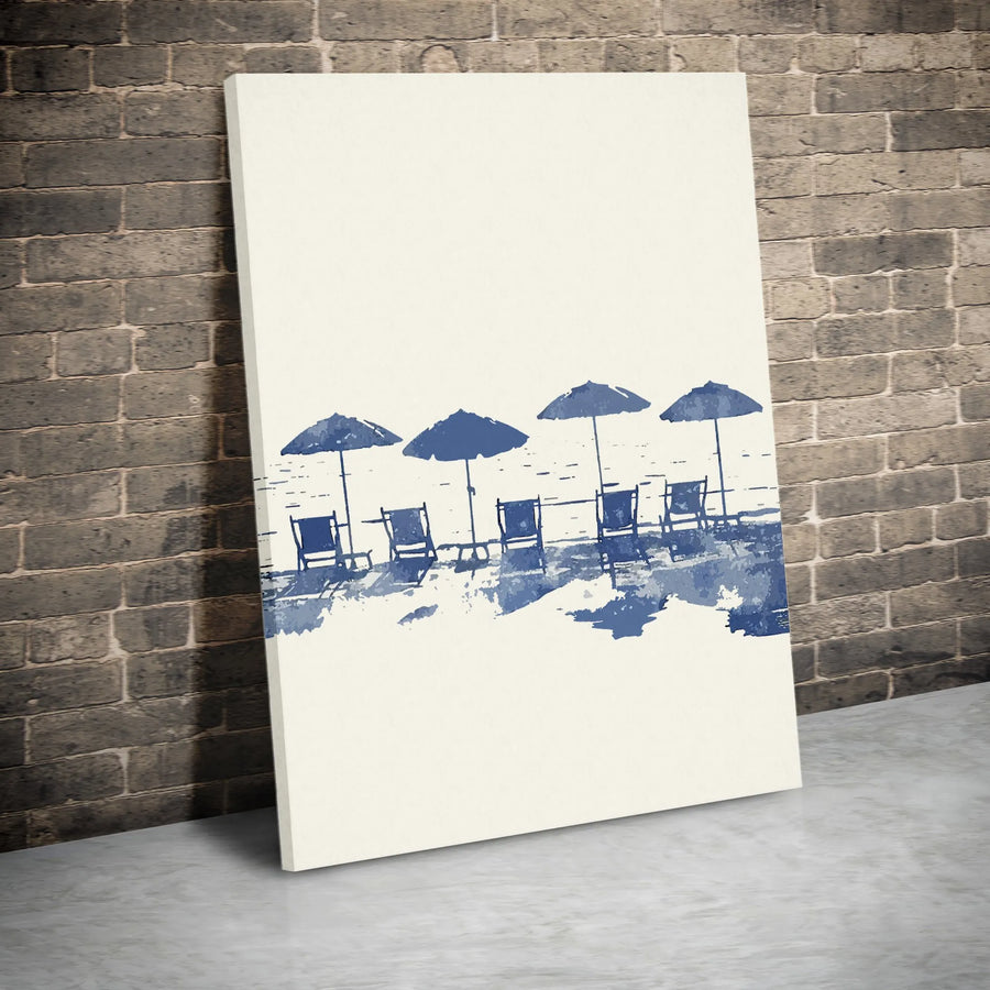 Coastal Beach Canvas Wall Art | Blue Watercolor Umbrellas and Chairs Print | Premium 1.25-Inch Gallery Wrap | Serene Ocean Decor for Home Office