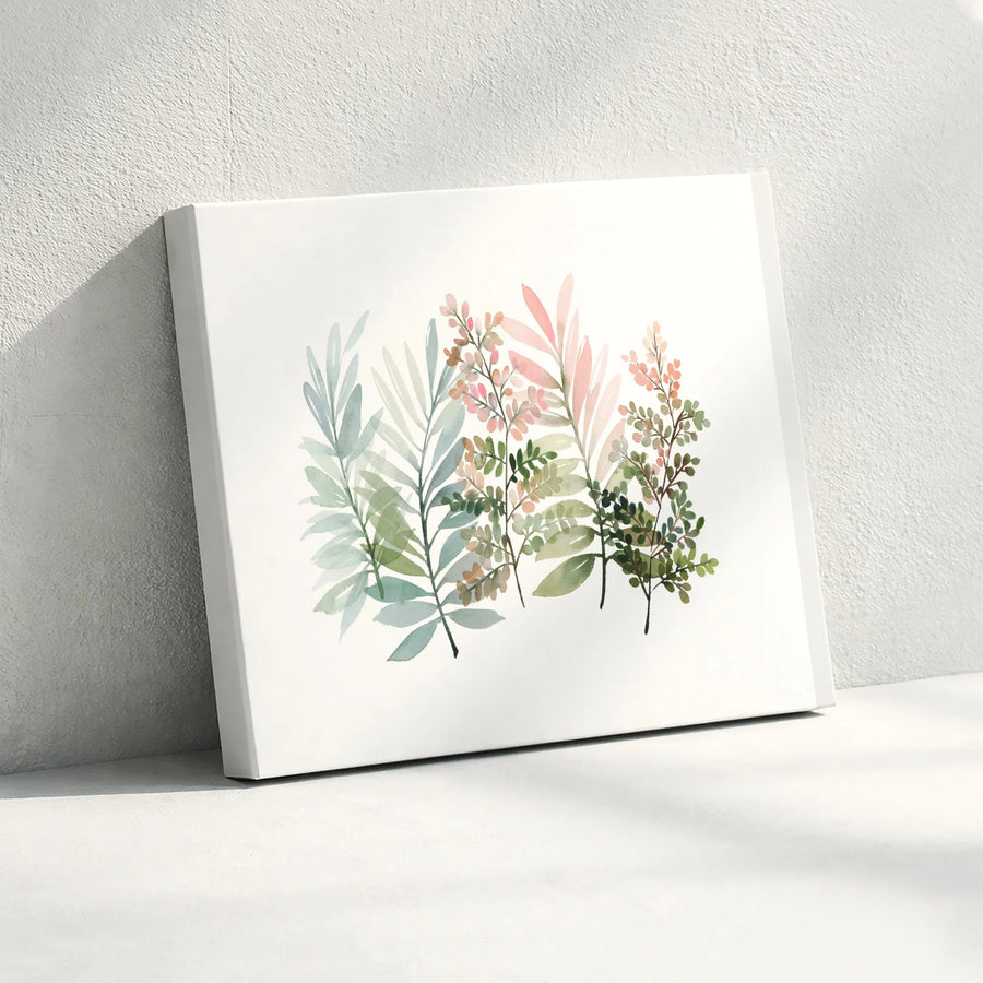 Botanical Watercolor Canvas Wall Art | Minimalist Pastel Greenery Print | Premium Gallery Wrap Canvas | Modern Living Room Decor Gift for Her