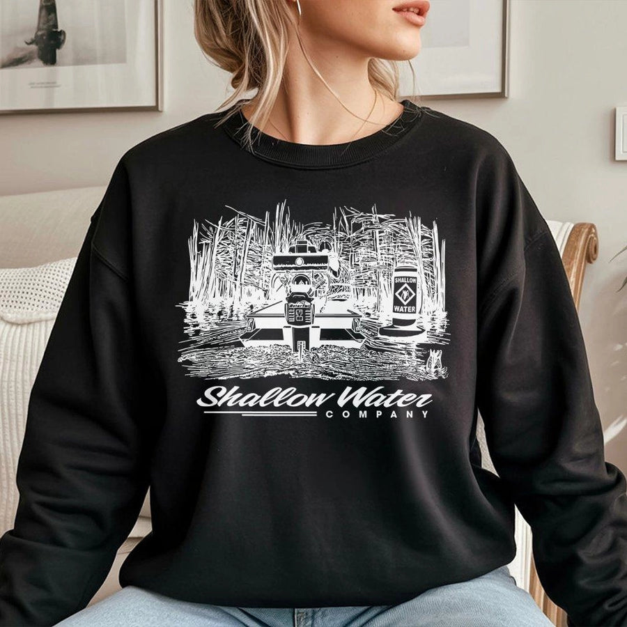 Shallow Water Sweatshirt | Swamp Boat Fishing Graphic | Premium Cotton Blend Crewneck | Outdoor Southern Country Apparel Gift
