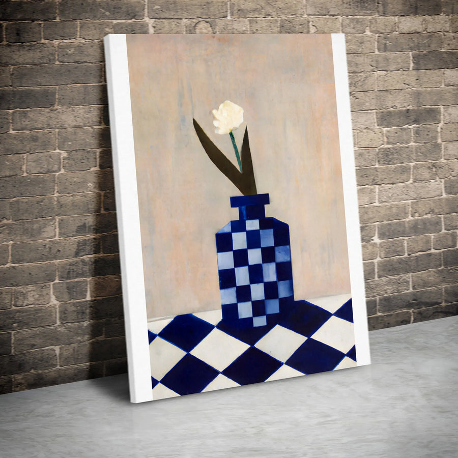 Abstract Tulip Canvas Print | Blue Checkered Vase Still Life | Premium Gallery Wall Art | Modern Kitchen or Living Room Decor Gift