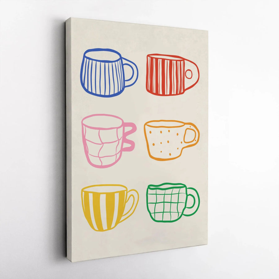 Colorful Coffee Mug Wall Art | Hand-Drawn Doodle Pattern Print | 1.25" Premium Gallery Wrapped Canvas | Kitchen Decor Gift for Coffee Lovers