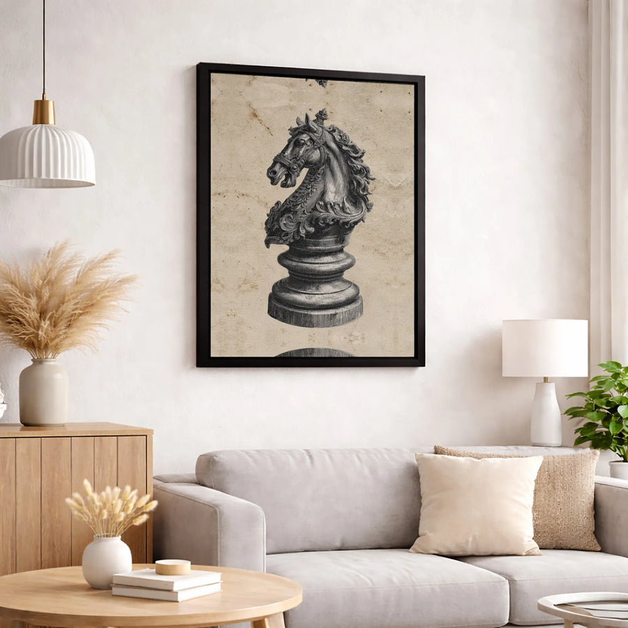 Chess Knight Wall Art | Vintage Engraving Sketch | Premium Gallery Wrapped Canvas | Sophisticated Home Decor Gift for Grandmaster