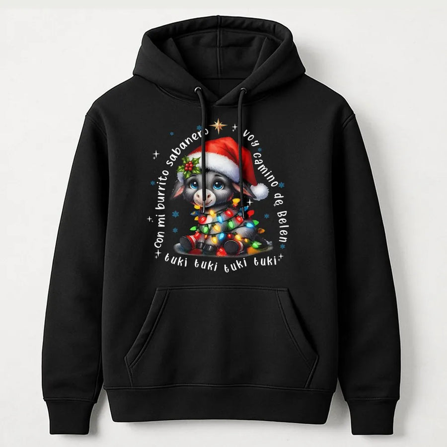 Mi Burrito Sabanero Hoodie | Cute Donkey Christmas Lights Graphic | Premium Cotton Blend | Funny Spanish Holiday Gift for Latino Families
