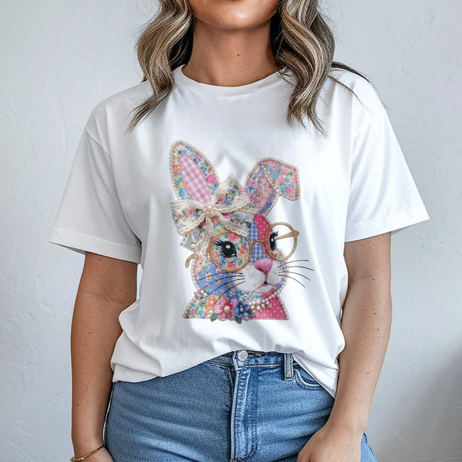 Easter Bunny T-Shirt | Floral Patchwork Rabbit with Glasses | 100% Cotton Premium Tee | Cute Spring Animal Gift for Women and Kids