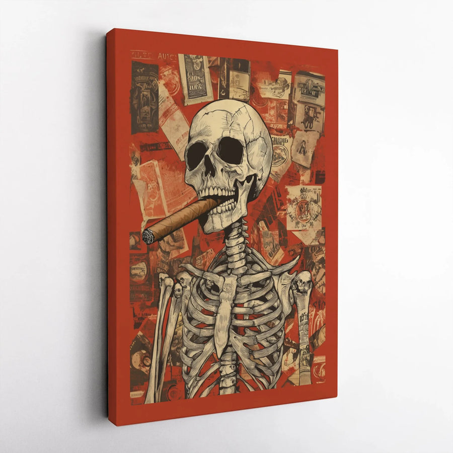 Skeleton Smoking Cigar Wall Art | Vintage Collage Aesthetic Print | Premium Gallery Wrapped Canvas | Edgy Home Office Decor Gift