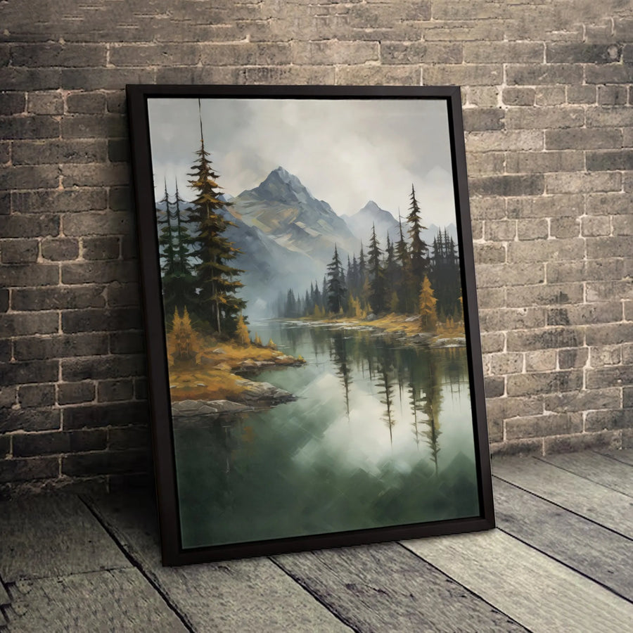 Misty Mountain Lake Canvas Wall Art | Pine Forest Landscape Print | Premium 1.25-Inch Gallery Wrap | Nature Home Decor Gift for Wilderness Lovers