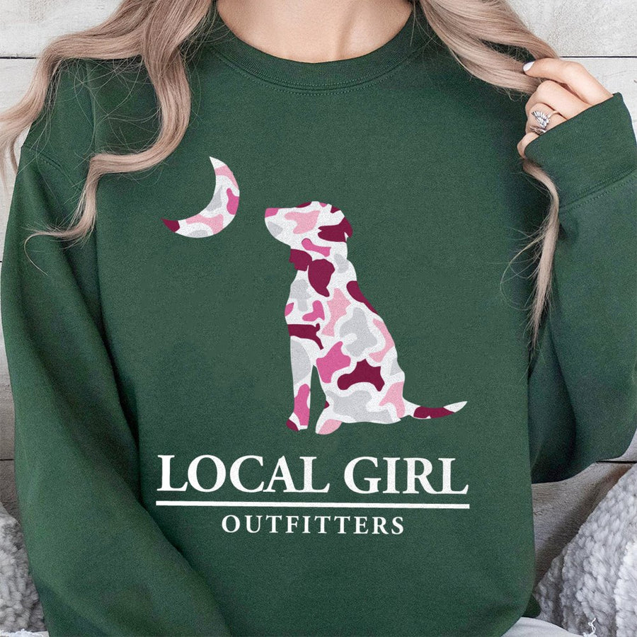 Dog Lover Sweatshirt | Pink Camo Moon Graphic Print | Soft Cotton Blend Unisex Pullover | Premium Gift for Dog Moms and Animal Lovers