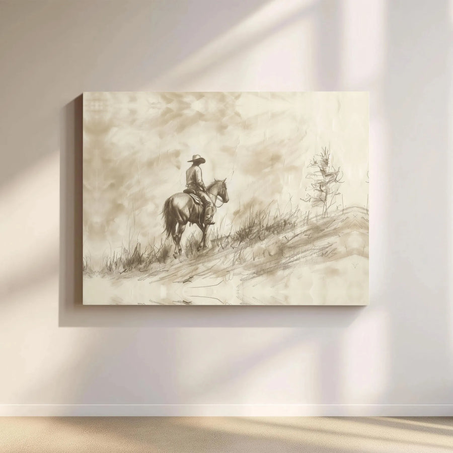 Western Cowboy Horse Canvas Wall Art | Sketch Style Equestrian Print | Gallery Wrap Premium Decor | Rustic Farmhouse Gift For Him