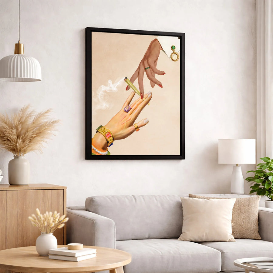 Hands Passing Joint Canvas Print | Vintage Aesthetic Collage Art | Premium Fade-Resistant Decor | Unique Stoner Gift for Home Office