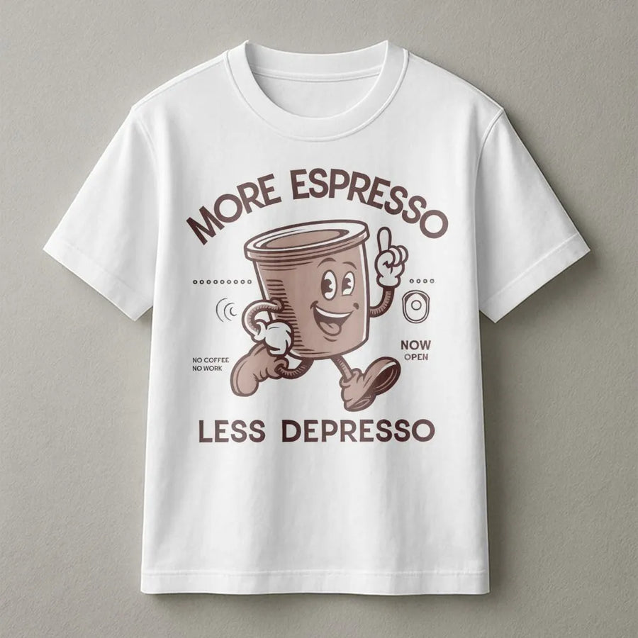 More Espresso Less Depresso T-Shirt | Retro Cartoon Coffee Graphic | Premium Soft Cotton | Funny Caffeine Lover Gift for Coffee Addicts