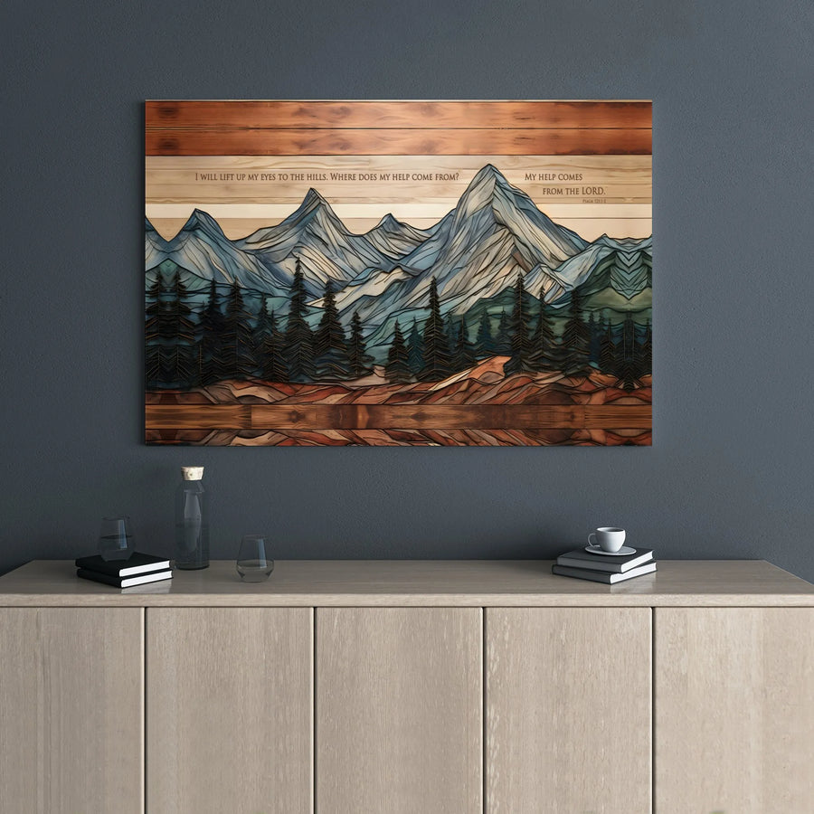 Psalm 121:1-2 Mountain Canvas Wall Art | Layered Wood Effect Landscape | Gallery-Wrapped Premium Print | Inspirational Religious Home Decor Gift