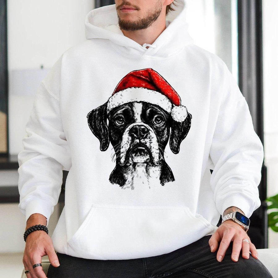 Boxer Dog Christmas Hoodie | Festive Santa Hat Graphic Print | Premium Cotton Blend | Funny Holiday Sweatshirt Gift for Boxer Mom and Dad