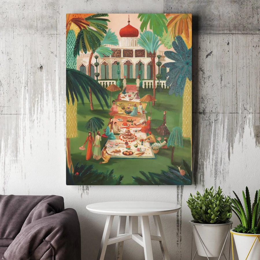 Indian Garden Party Vertical Canvas | Colorful Bohemian Picnic Scene | Premium Gallery Wrapped Canvas | Unique Living Room & Bedroom Wall Decor Gift