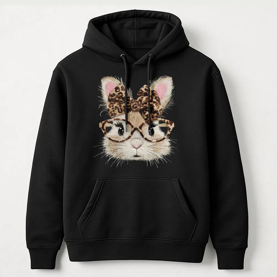 Easter Bunny Hoodie | Retro Leopard Bow Print | Premium Cotton Blend | Trendy Spring Gift for Women and Teens