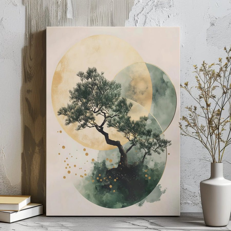 Japandi Bonsai Tree Canvas Print | Abstract Gold And Green Minimalist Wall Art | Gallery Wrapped Premium Material | Zen Home Office Decor