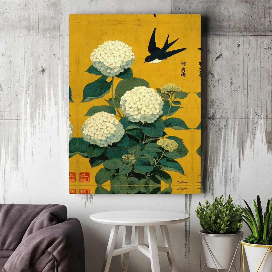Japanese Floral Canvas Art | Hydrangea and Swallow Bird Print | Premium Gallery Wrapped Print | Asian Inspired Home Decor Gift