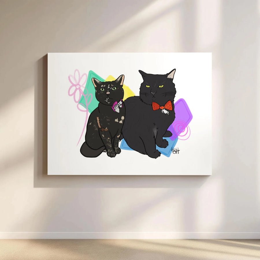 Two Cats Canvas Wall Art | Dapper Tortie and Black Cat Bow Tie Portrait | Premium Gallery Wrapped Decor | Gift for Cat Lovers