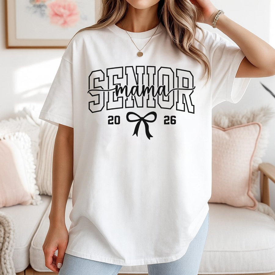 Senior Mama 2026 T-Shirt | Coquette Bow Aesthetic Graphic | 100% Cotton Premium Tee | Proud Senior Mom Gift for Class of 2026 Graduation