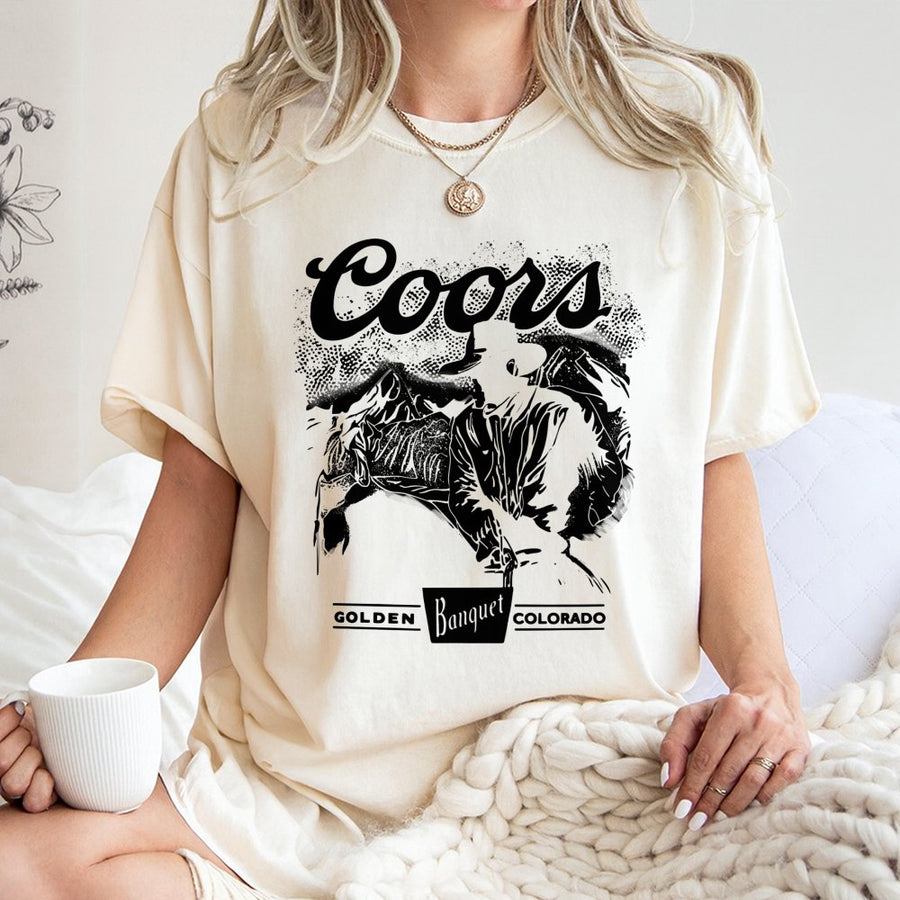 Cowboy Coors T-Shirt Western Cowboy Design With Mountain Graphic, Retro Country Style Beer Inspired T-Shirt