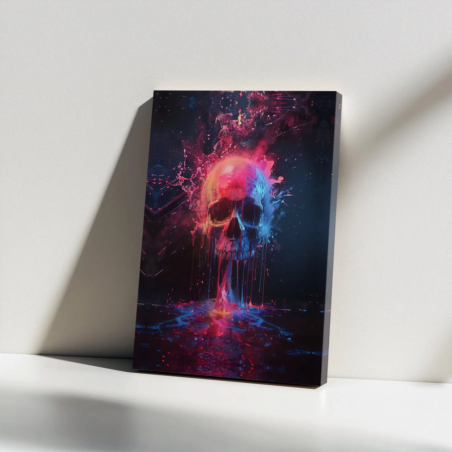Melting Skull Canvas Print | Neon Cyberpunk Abstract Wall Art | Premium 1.25 inch Gallery Wrap | Dark Aesthetic Decor for Gamer Room