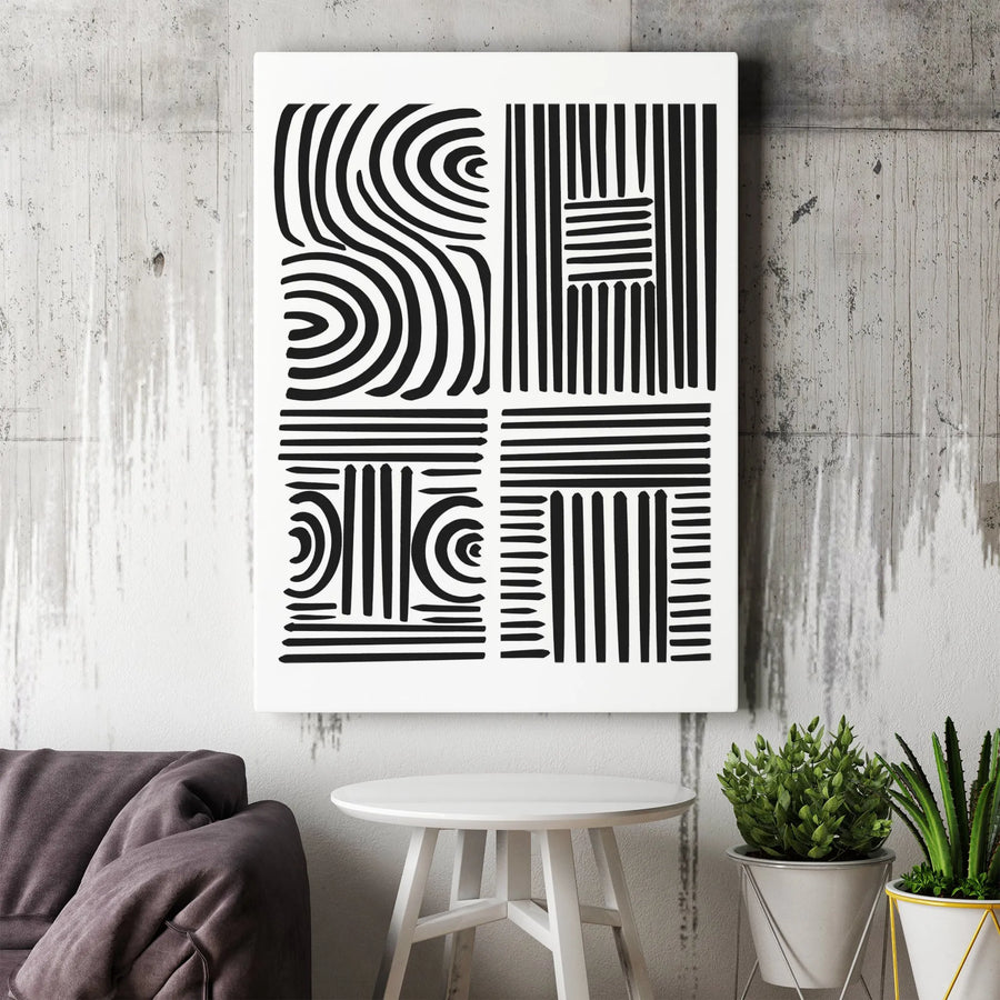 Abstract Geometric Vertical Canvas | Minimalist Black and White Line Art | Premium 1.25" Thick Gallery Wrap | Modern Home and Office Decor Gift