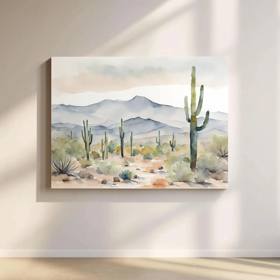 Watercolor Desert Landscape Canvas | Saguaro Cactus & Mountain Scenery | Premium 1.25" Thick Profile | Southwestern Home Decor Gift