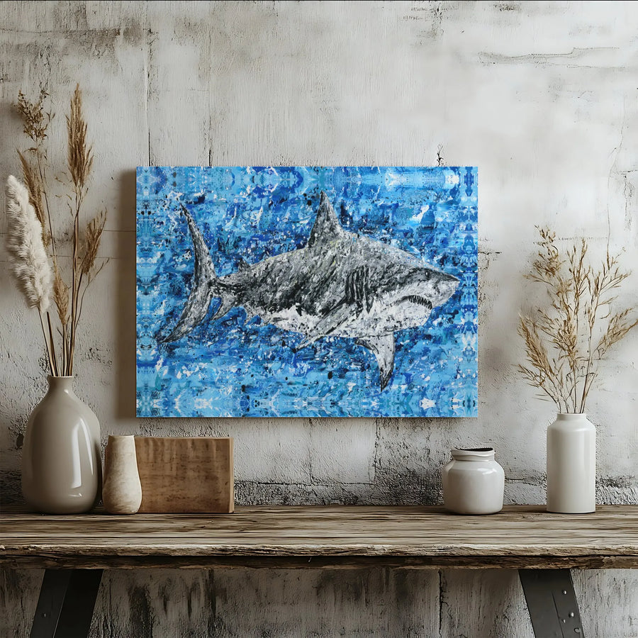 Abstract Great White Shark Canvas Print | Textured Blue Ocean Modern Art | Premium Gallery-Wrapped Wall Decor | Nautical Gift for Shark Lovers