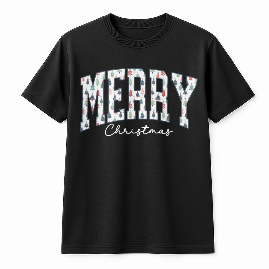 Merry Christmas T-Shirt | Varsity Letter Graphic Tree Pattern | Soft 100% Cotton | Festive Holiday Apparel Gift for Women and Men