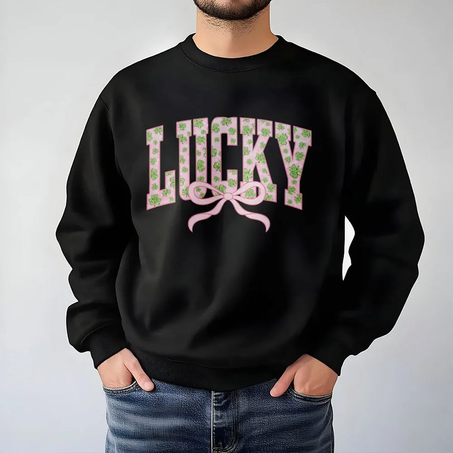 Lucky St. Patrick's Day Sweatshirt | Varsity Letter Shamrock Bow Graphic | Premium Cotton Blend | Cute Aesthetic Gift for Her Women