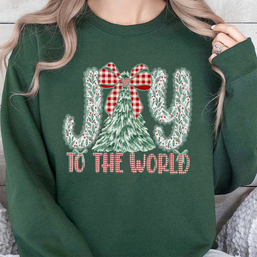Joy To The World Sweatshirt | Plaid Christmas Tree Holiday Graphic | Soft Cotton Blend Premium Pullover | Religious Xmas Gift For Women