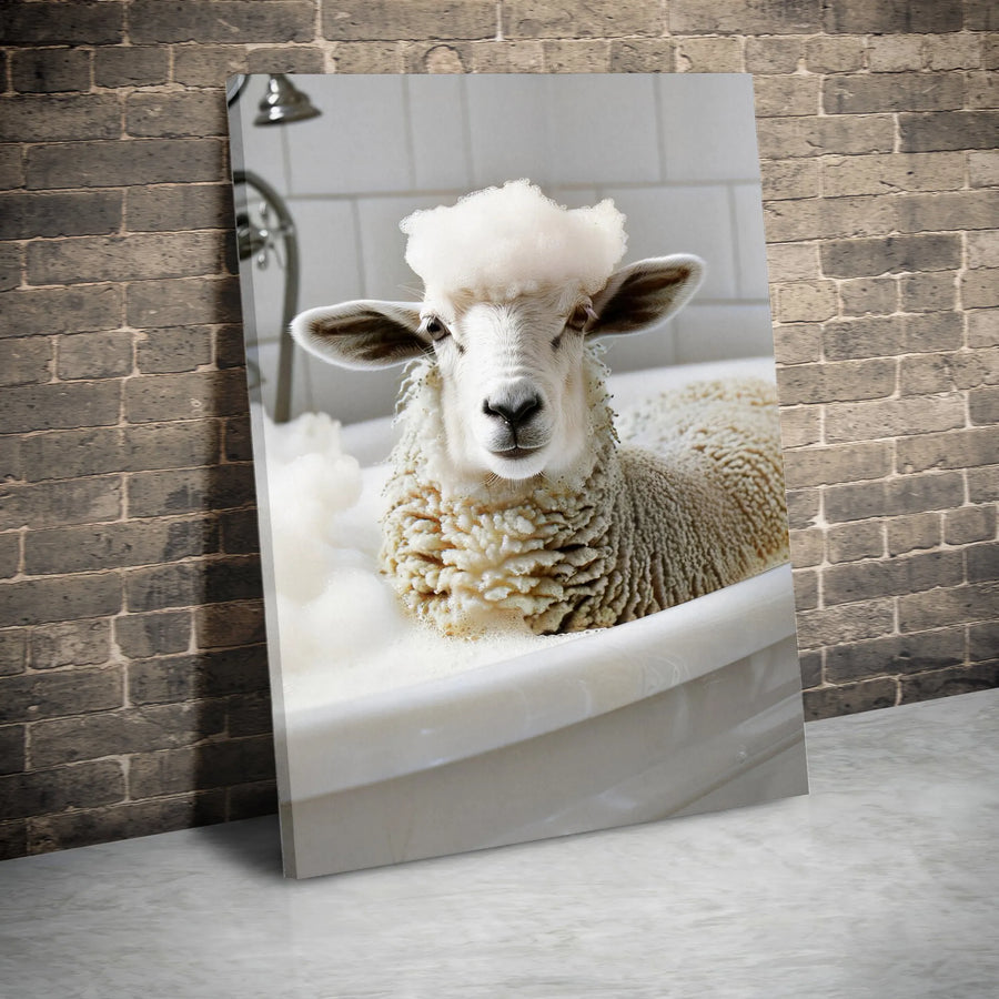 Funny Sheep Bubble Bath Canvas Print | Whimsical Farm Animal Bathroom Wall Art | Premium Gallery-Wrapped Decor | Unique Gift for Animal Lovers
