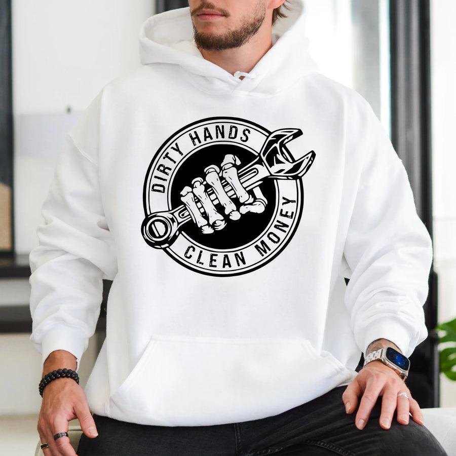 Dirty Hands Clean Money Hoodie | Mechanic Skeleton Wrench Graphic | Premium Cotton Blend | Gift for Auto Technician or Hardworking Dad